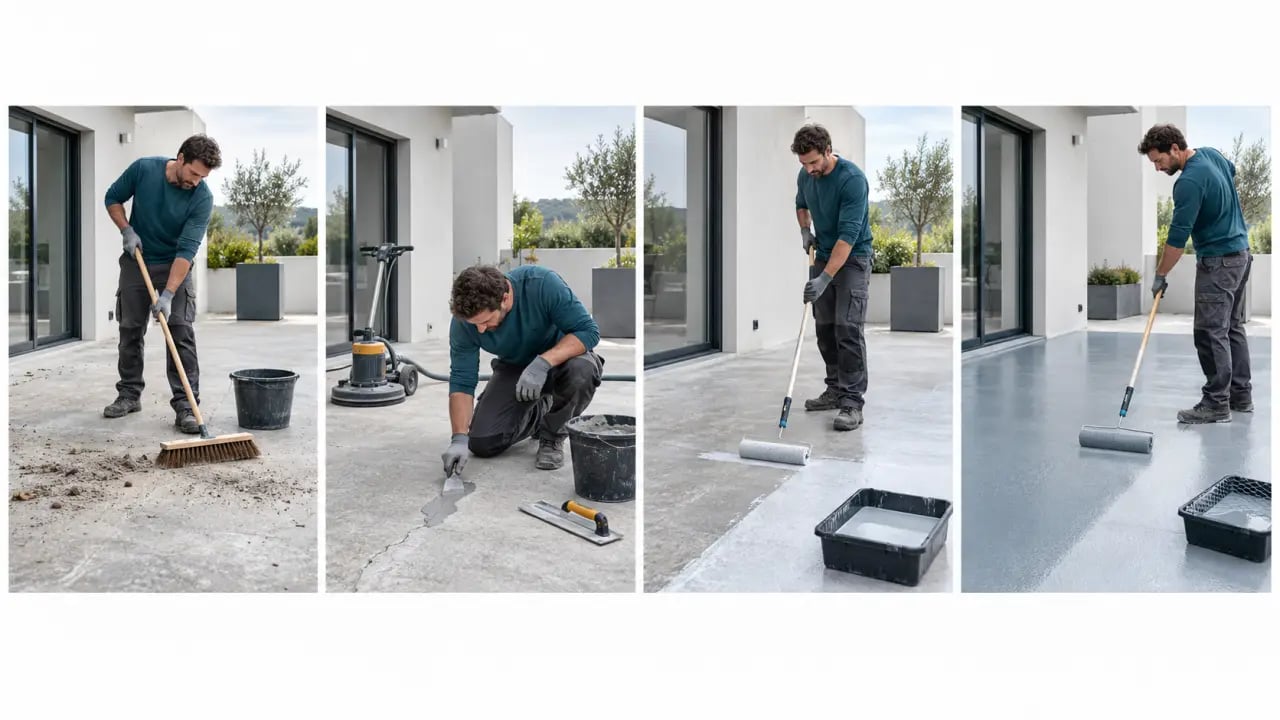 Étapes pour peindre une terrasse extérieure : nettoyage, ponçage, primaire et application de la peinture