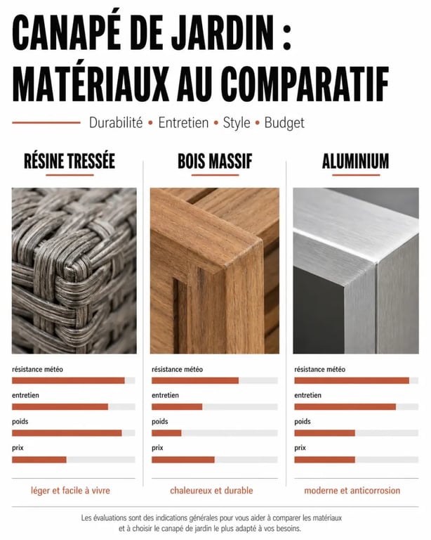 Salon canapé de jardin : comparaison des matériaux bois, aluminium et résine tressée