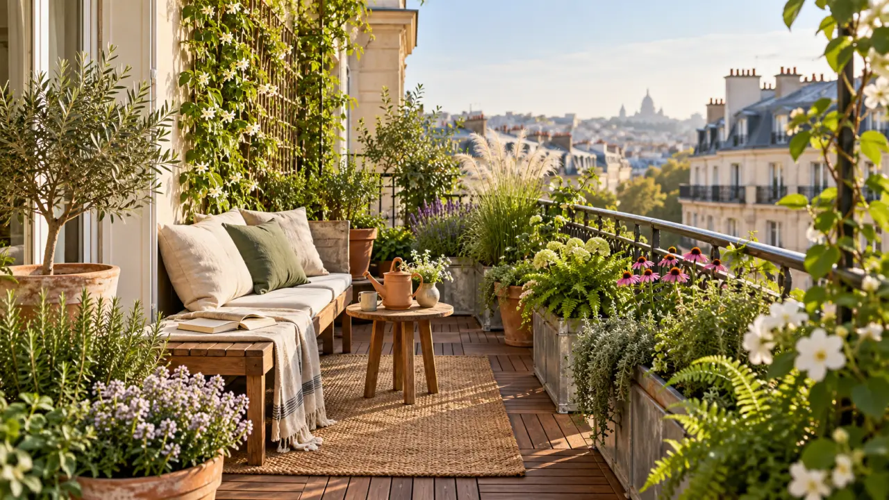 Balcon filant urbain aménagé avec du bois, des plantes et des matériaux naturels