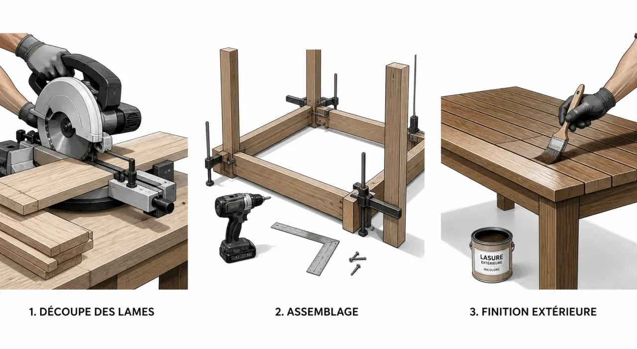 Plan pour fabriquer une table de jardin en bois illustré en trois étapes : découpe, assemblage et finition