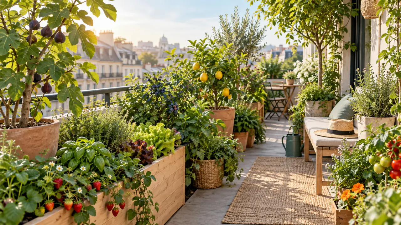 Balcon urbain aménagé comme une micro-forêt comestible avec des plantes en pots, des aromatiques et un petit arbre fruitier
