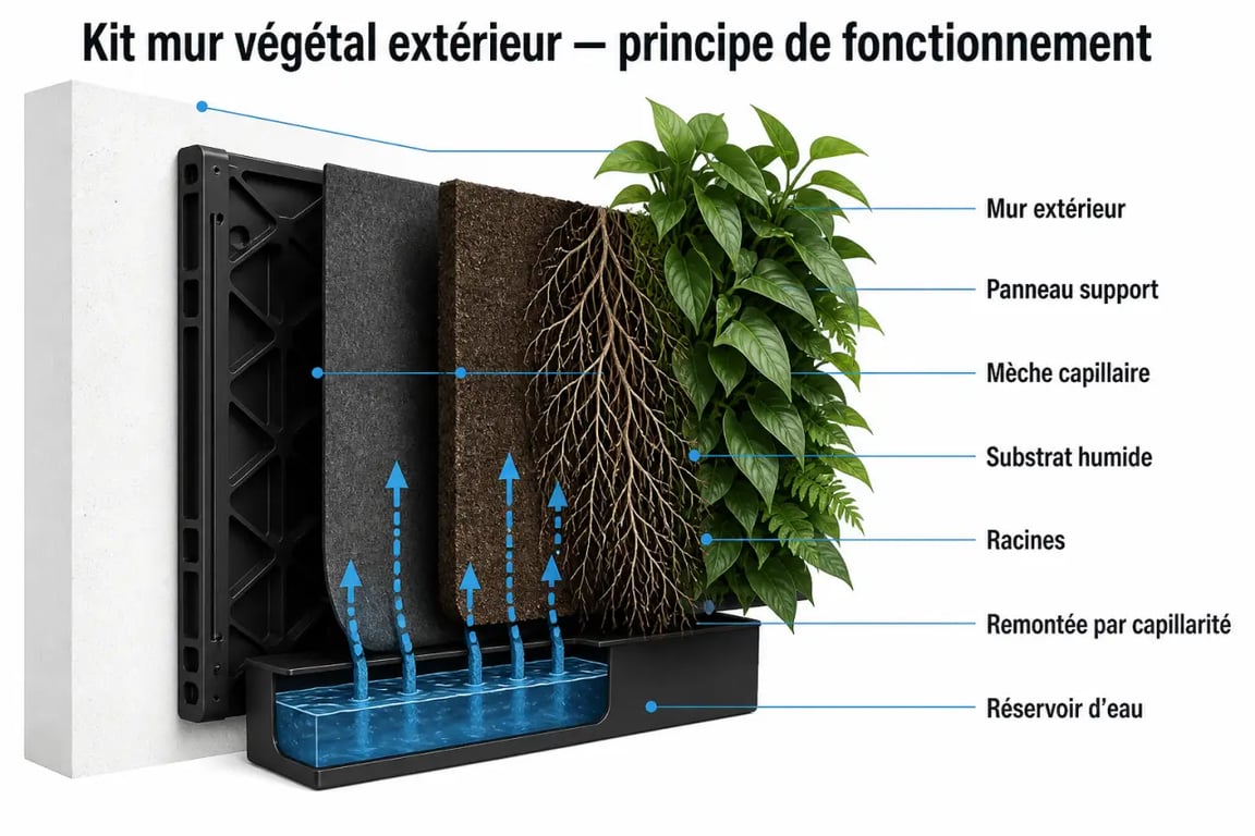 Schéma du kit mur vegetal exterieur montrant le réservoir d'eau et la capillarité
