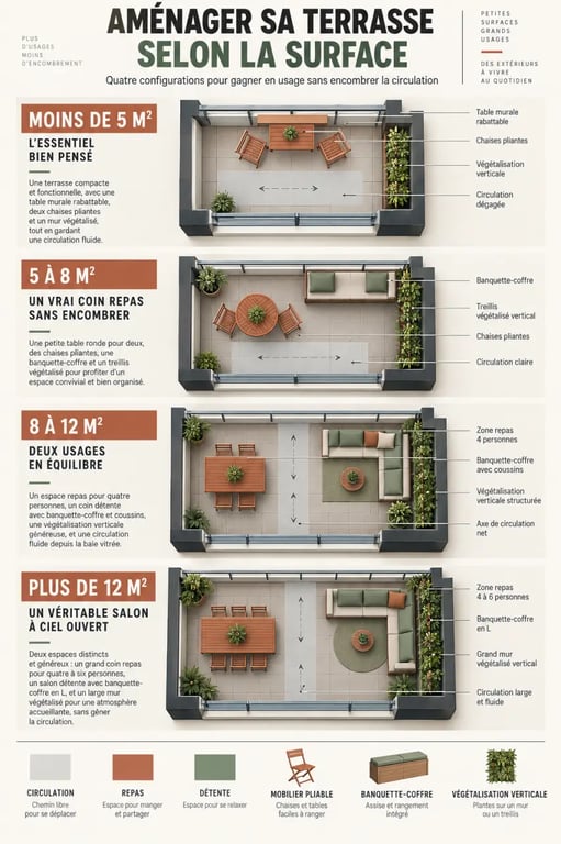 Infographie d'aménagement d'une terrasse d'appartement selon la surface
