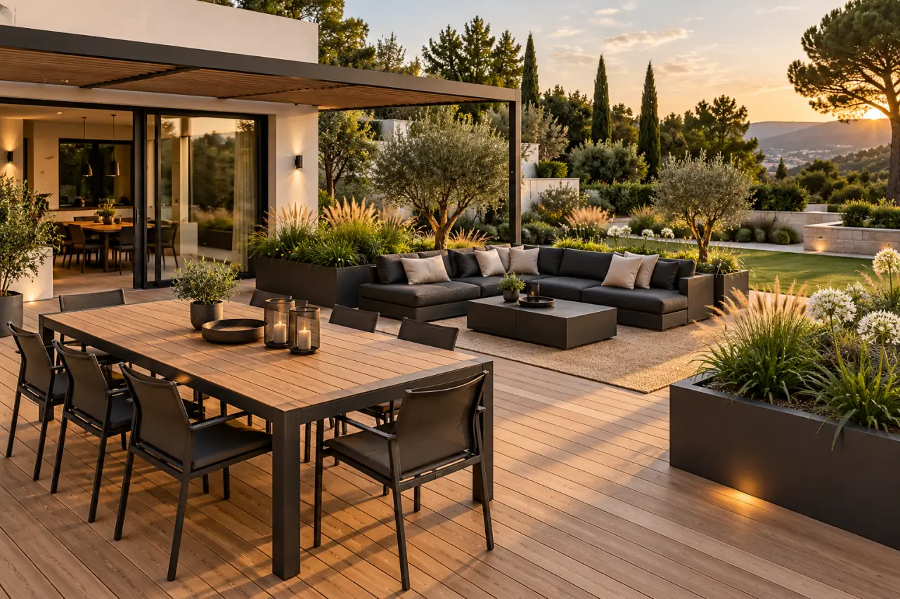 Idée aménagement terrasse bois contemporaine avec coin repas et espace détente