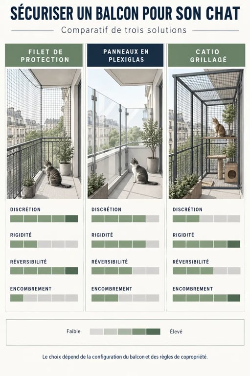 Comparatif visuel d’un filet pour chat balcon, du plexiglas et du catio