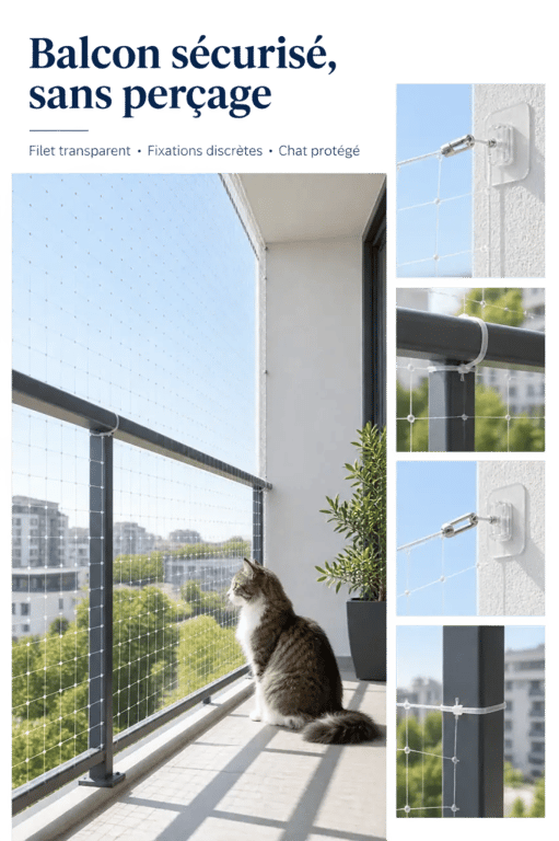 Filet balcon chat sans percer sur un balcon d’appartement, chat protégé derrière un filet transparent discret