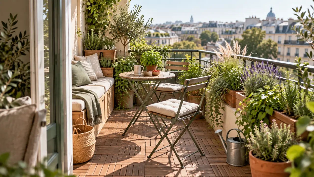 Petit balcon urbain aménagé avec des plantes, du mobilier en bois et des accessoires durables