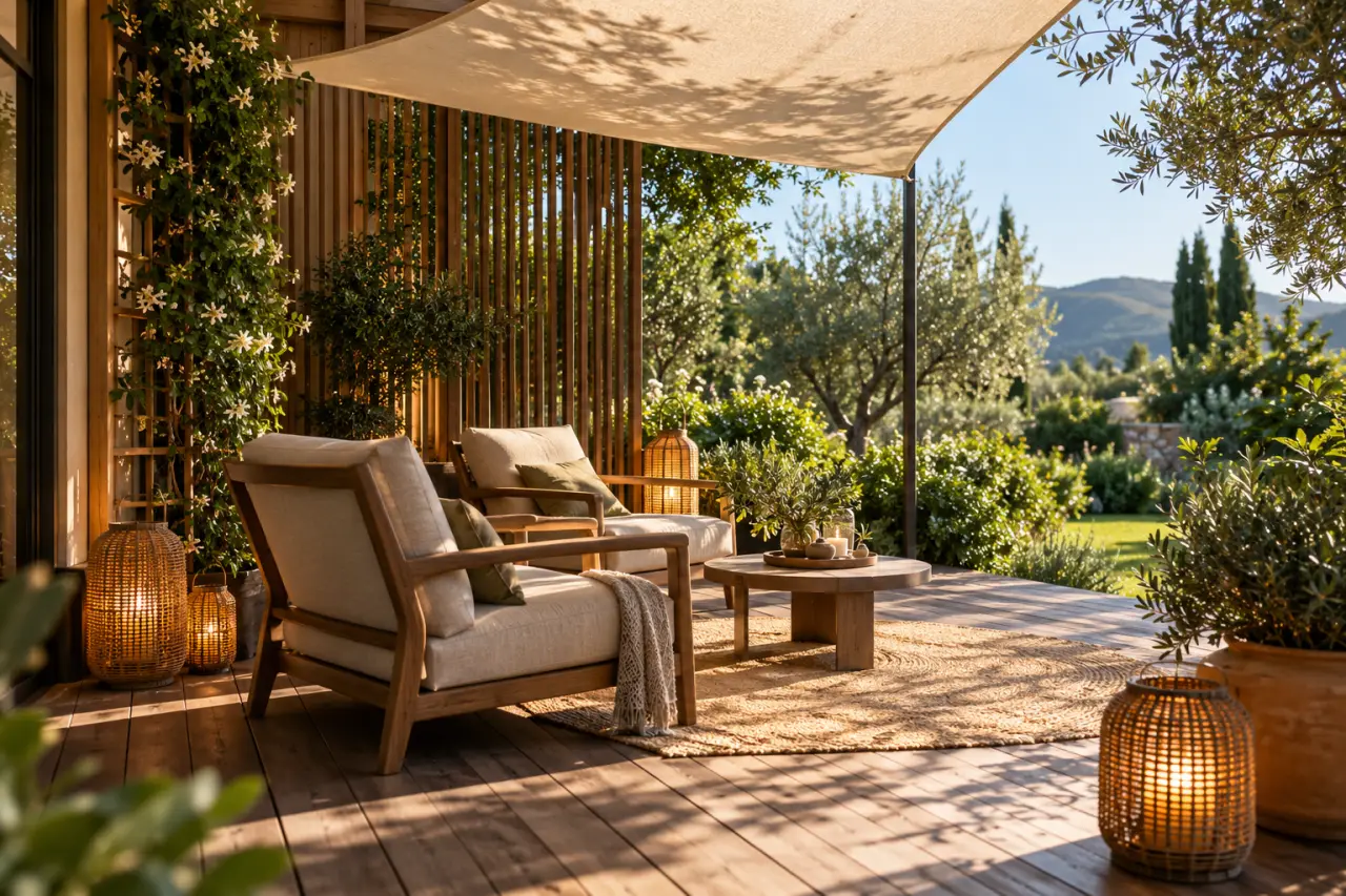 Idée aménagement terrasse bois avec intimité, plantes et ombrage