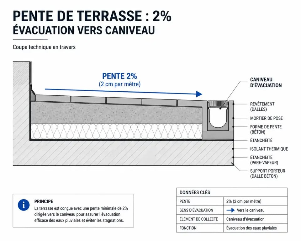 Schéma de principe pour évacuer l'eau d'une terrasse avec une pente de 2% et un caniveau