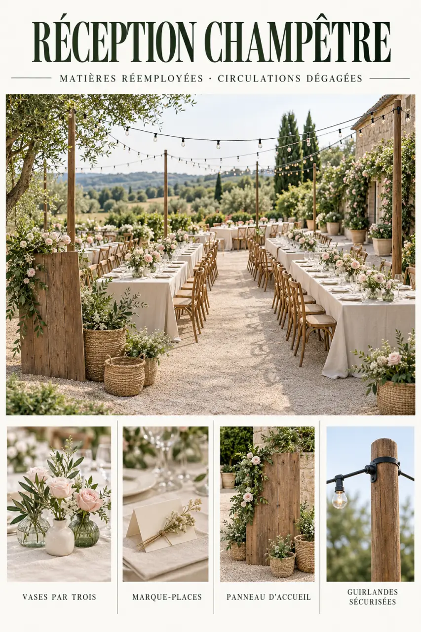 Vue d'ensemble d'une décoration champêtre fait maison pour une réception de mariage