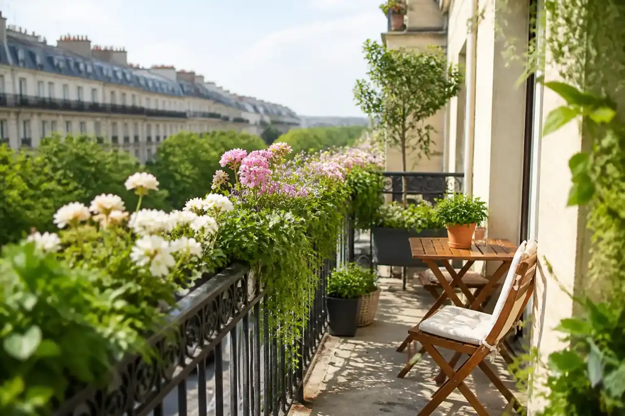 Balcon filant aménagé avec plantes, bois clair et assise compacte