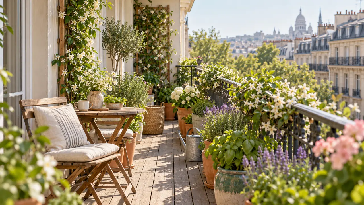 Balcon filant urbain aménagé avec des plantes et des matériaux naturels