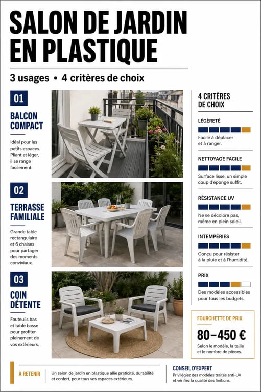 Salon jardin en plastique : visuel comparatif des formats, usages et critères de choix