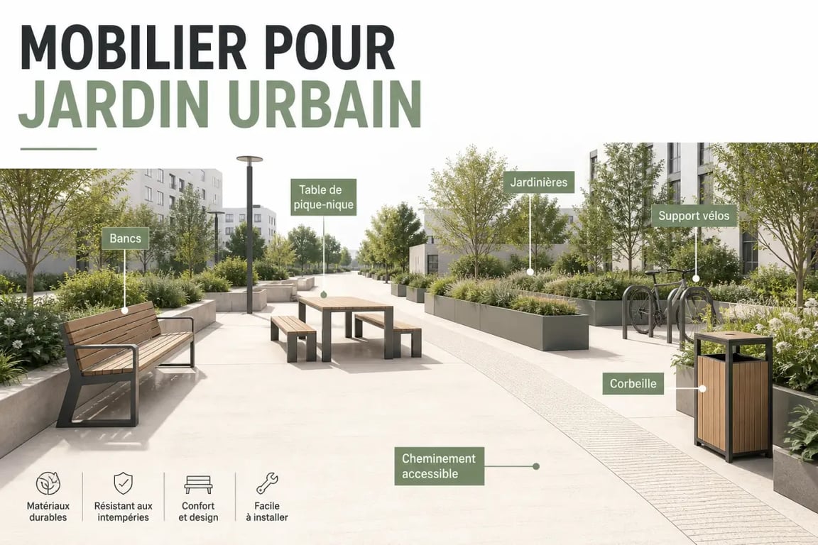 Exemple d’aménagement avec mobilier pour jardin urbain dans un espace vert public