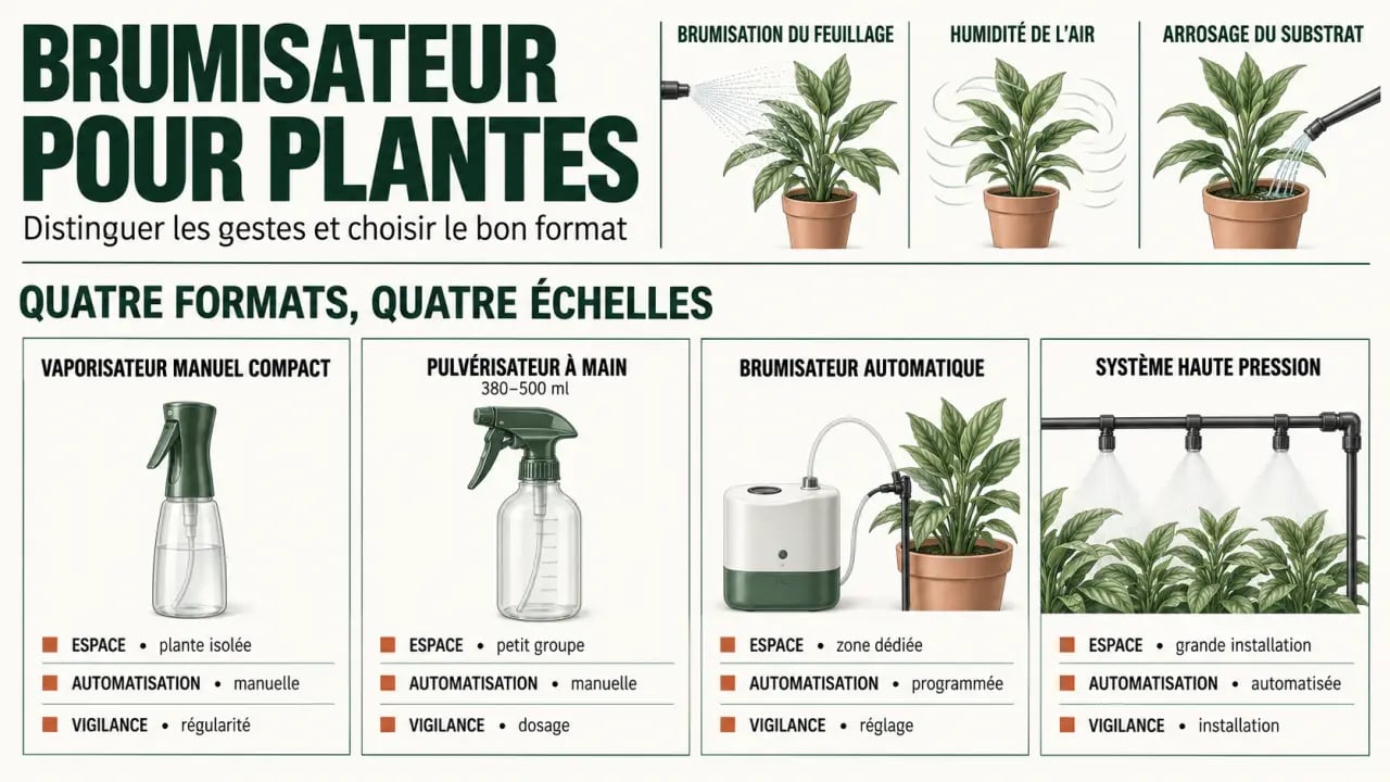 Infographie sur le brumisateur pour plante, la différence entre brumisation, humidité de l’air et arrosage