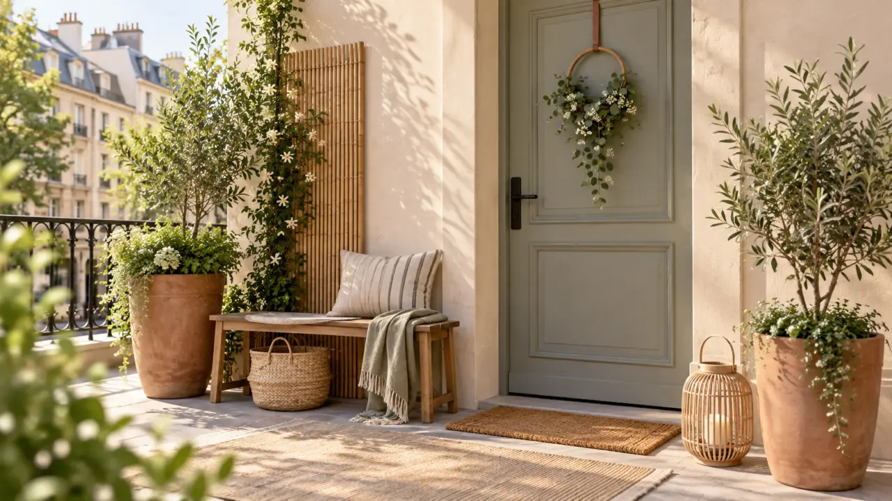 Porche d’entrée chaleureux aménagé avec des plantes, un fauteuil et une lumière douce