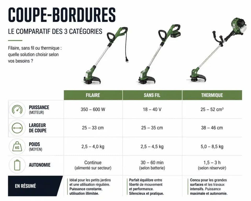 Coupe bordure comparatif des modèles filaire, sans fil et thermique avec critères puissance, largeur de coupe, poids et autonomie