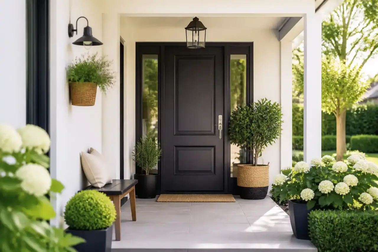 Porche d'entrée chic et lumineux avec plantes en pot, fauteuil en rotin et guirlandes douces