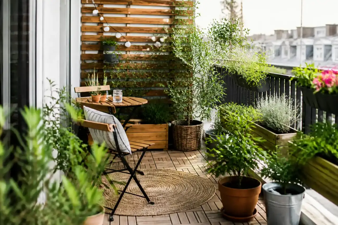 Aménagement d'angle de balcon avec des plantes et du mobilier en bois