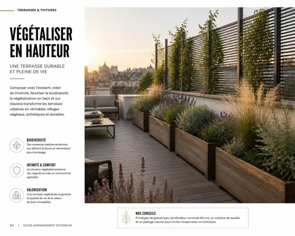 Exemple de terrasse végétalisée avec bacs et treillage vertical