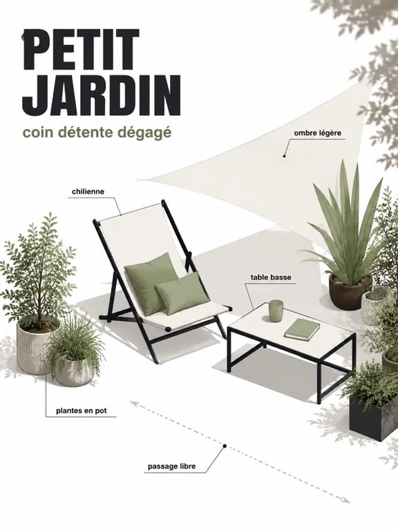 coin detente jardin dans un petit espace avec chilienne, coussins et ombre légère