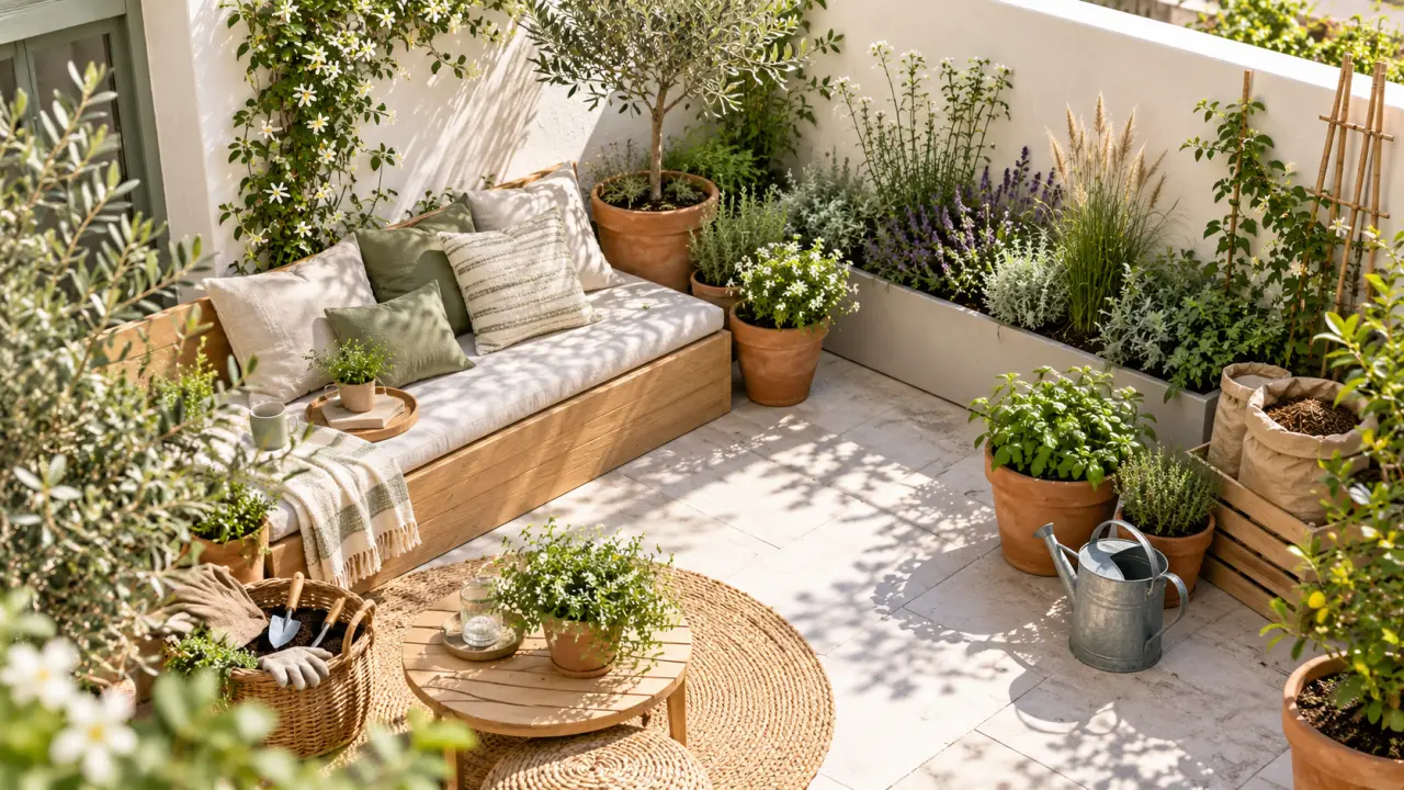 Petit patio urbain végétalisé avec des plantes en pots et du mobilier naturel