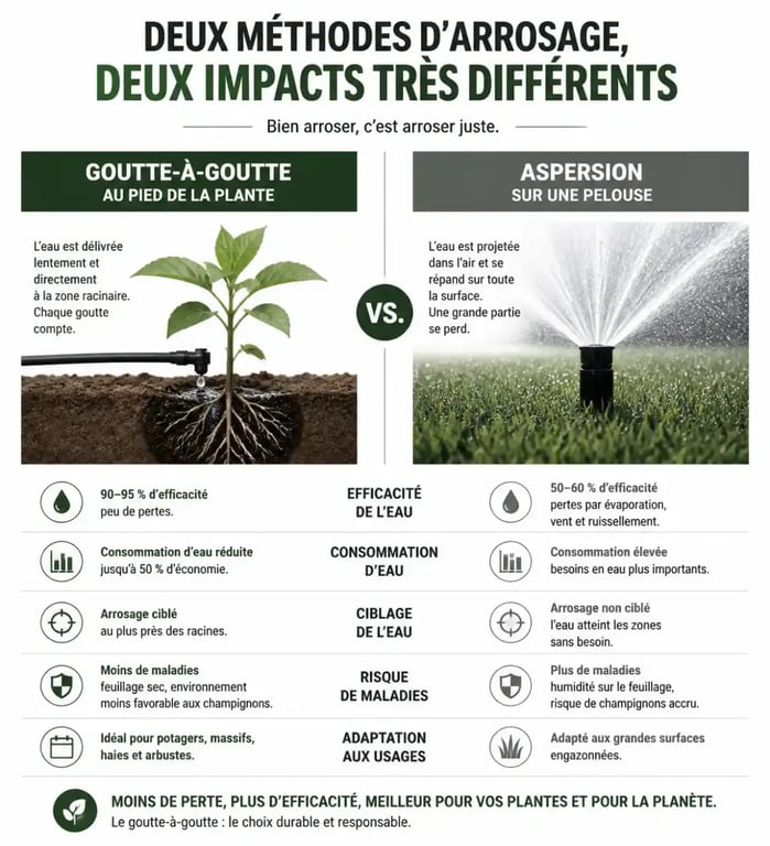 Comparaison entre arrosage goutte-à-goutte et aspersion pour un regard d'arrosage automatique