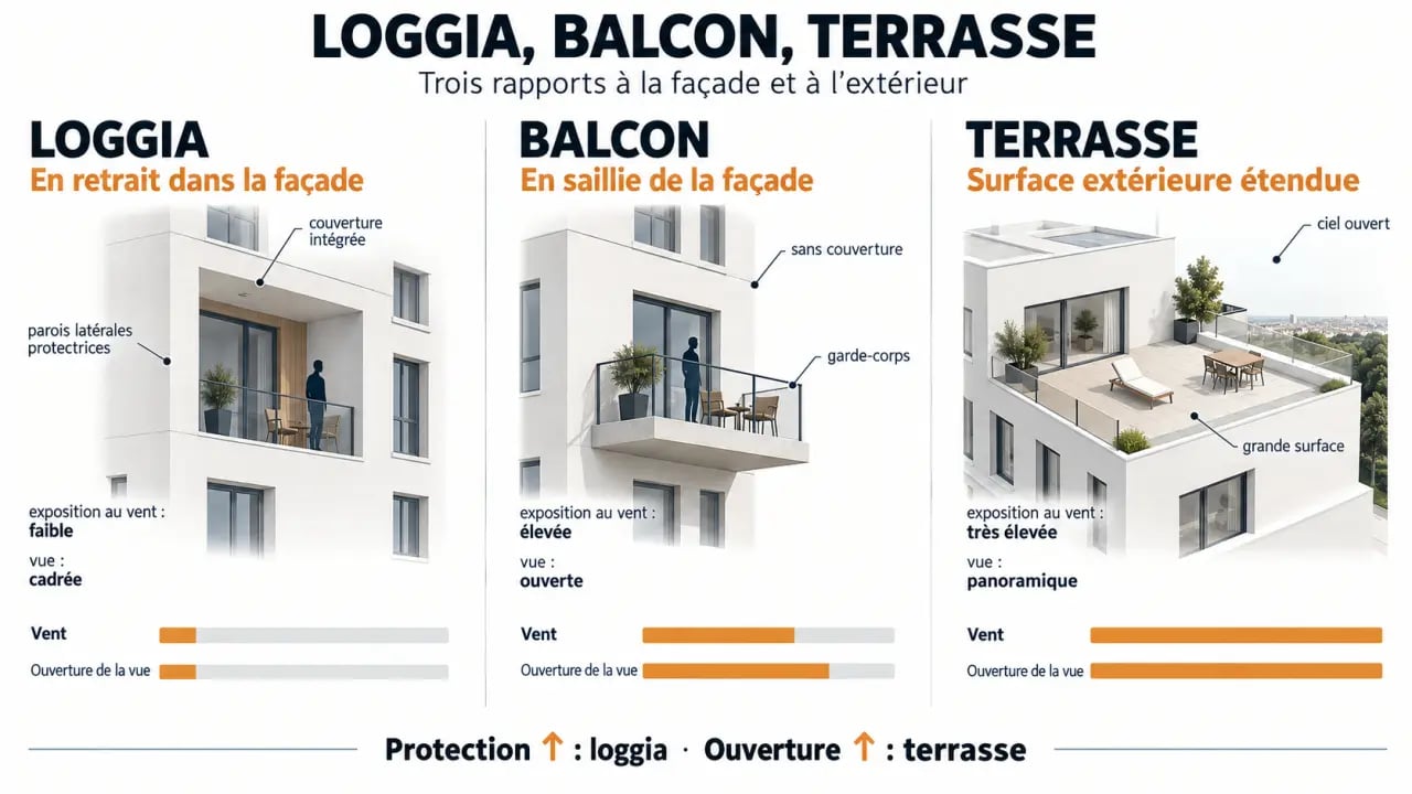 Infographie comparative loggia balcon et terrasse selon leur position dans la façade