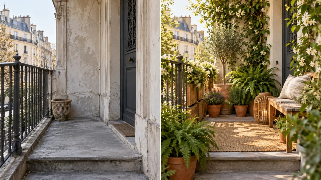 Porche urbain transformé en refuge végétal avec plantes, assise en bois et lumière chaleureuse