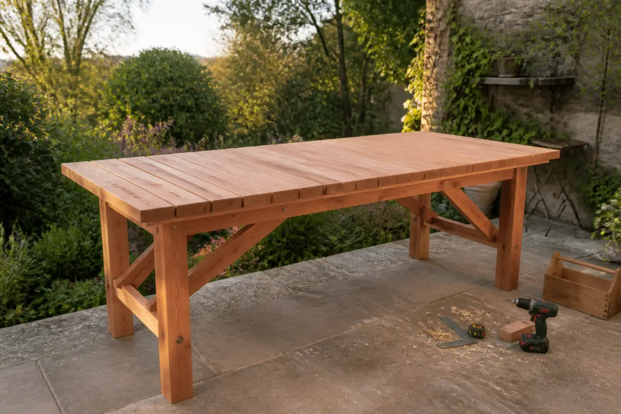 Fabriquer une table de jardin en bois de 170 cm : douglas, jeu de 5 mm et renforts solides