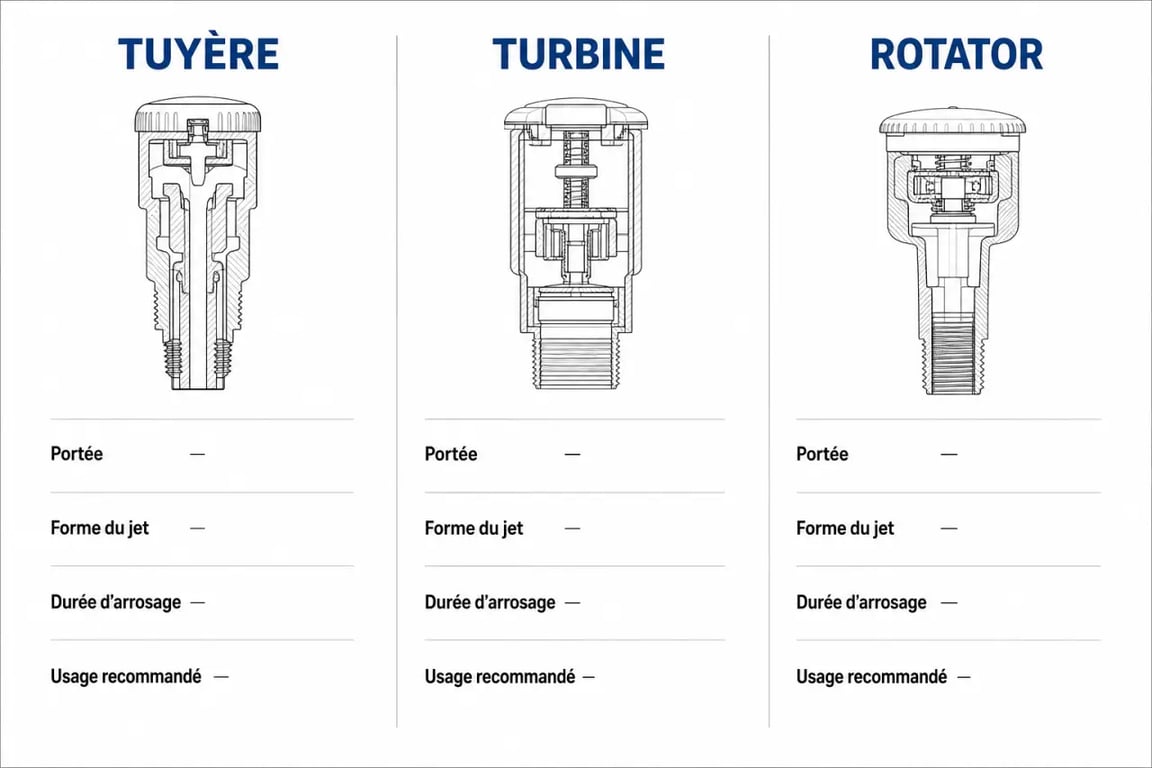 Comparatif tuyere arrosage automatique, turbine et rotator