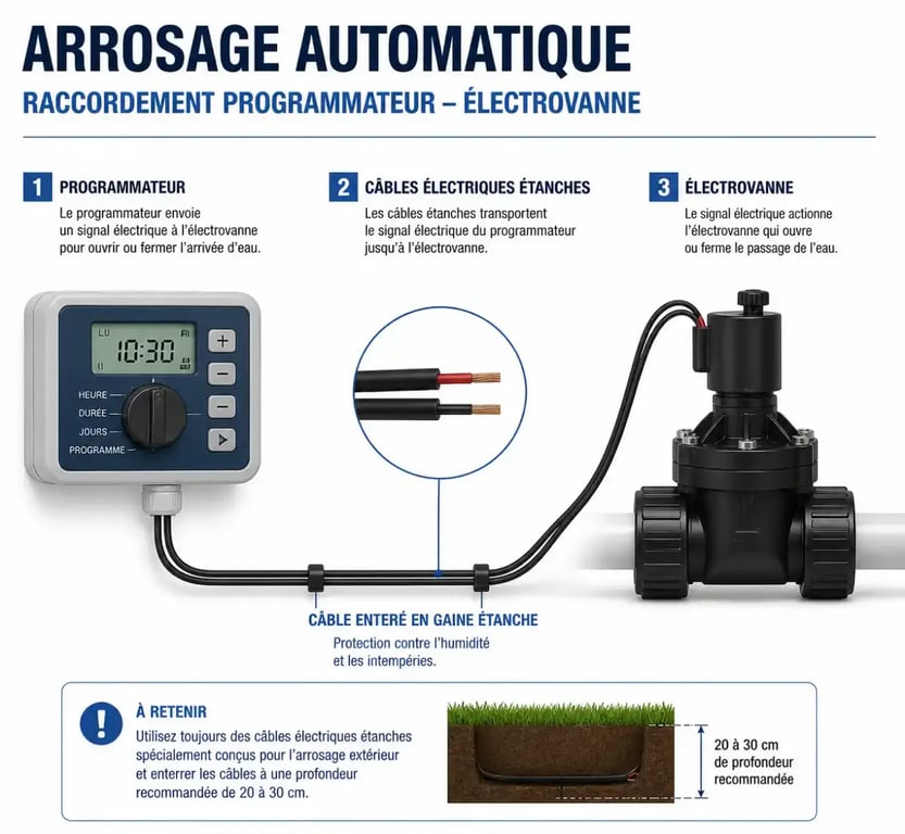 Schéma de branchement d'une électrovanne d'arrosage automatique