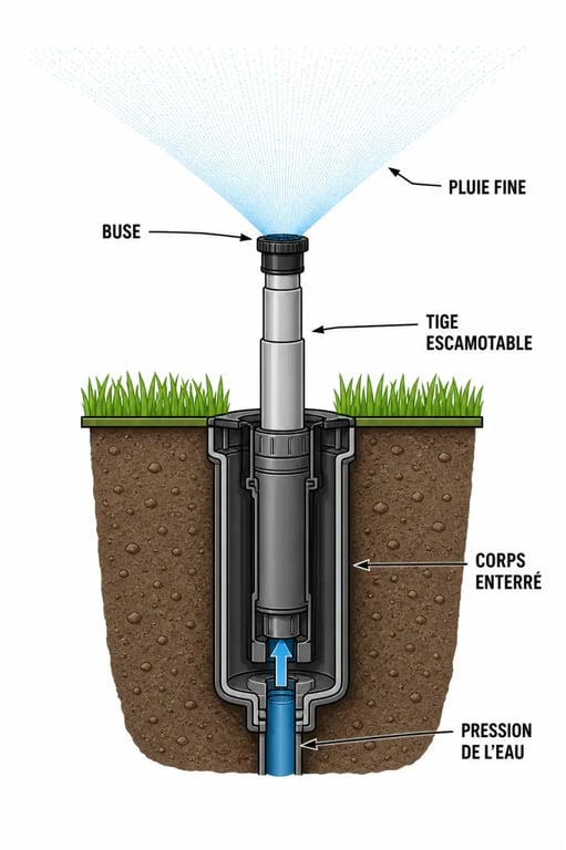 Schéma de tuyere arrosage automatique escamotable en coupe