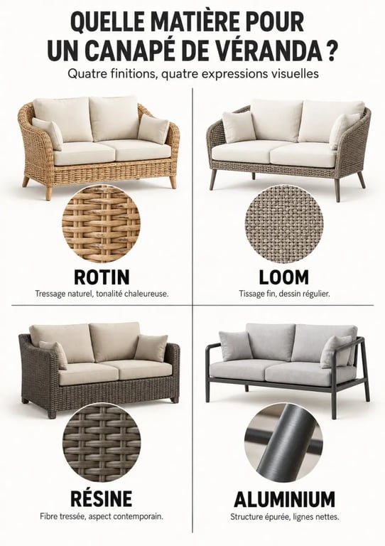 Infographie des matières pour un canapé pour véranda : rotin, loom, résine et aluminium