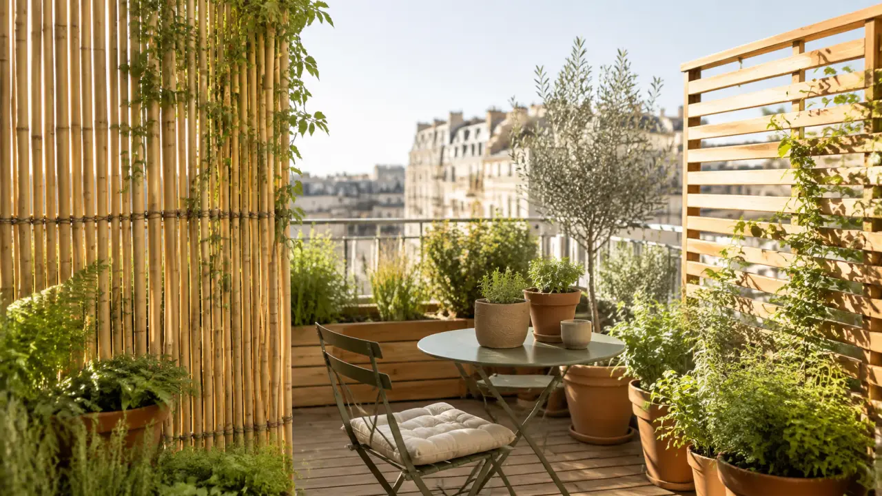Claustra naturel séparant un balcon urbain aménagé avec des plantes en pot
