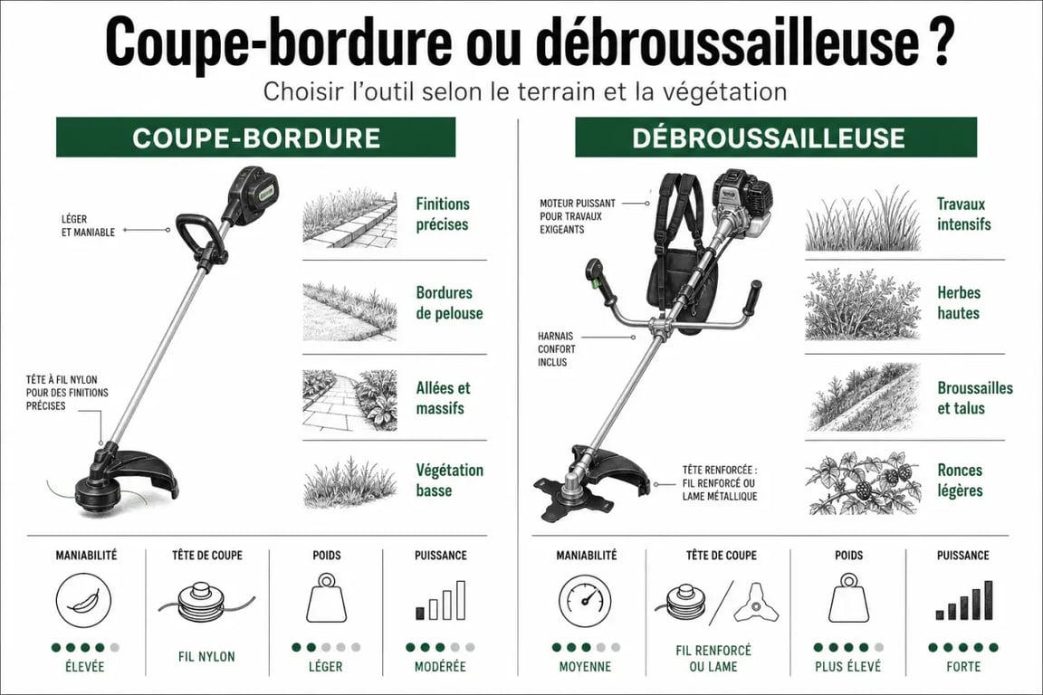 Différence coupe bordure et debroussailleuse en infographie comparative avec zones d’usage et caractéristiques