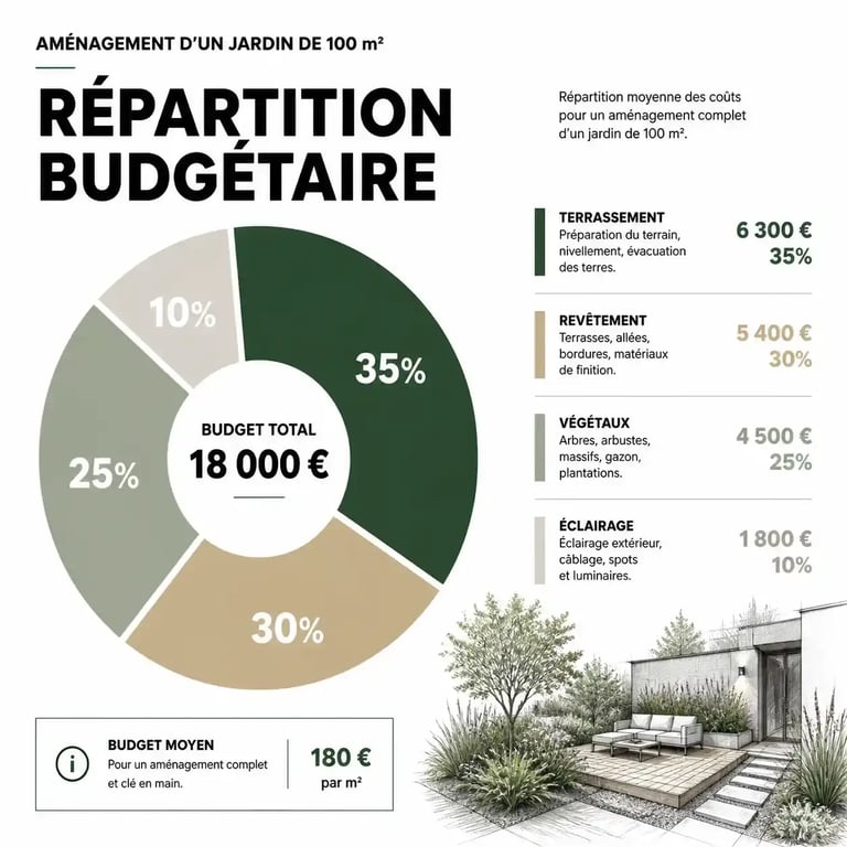 Répartition budgétaire pour l'aménagement d'un jardin de 100 m2