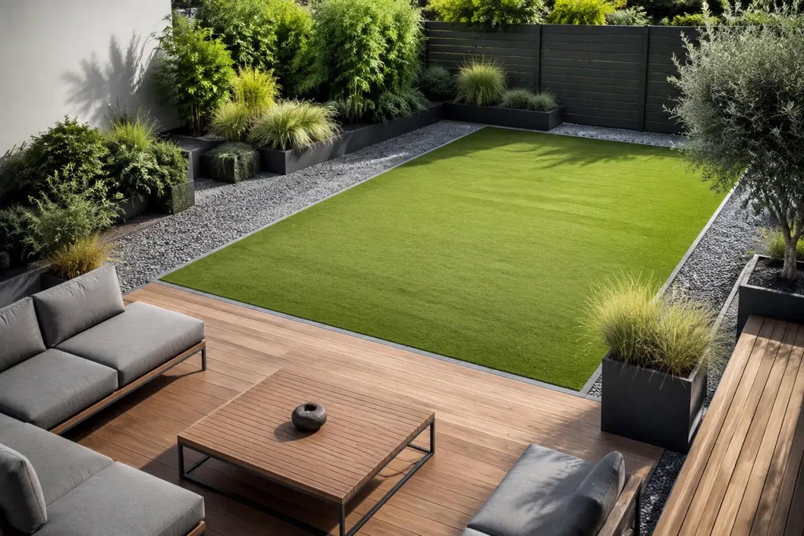 Déco jardin avec gazon synthétique, gravier, bois et jardinières